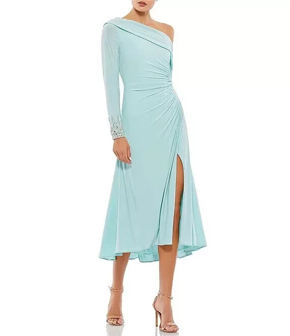 NWT $258 Ieena Mac Duggal One-Shoulder Long Sleeves Beaded Jersey Midi  Dress 4