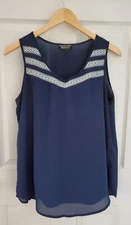 PAPERMOON Women's Stitch Fix Sheer Navy Blue Tank Top Tribal Aztec Trim Size L