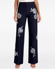 AUTH Women Cinq A Sept Rhinestone Slim Straight Wide Leg Cropped Pants