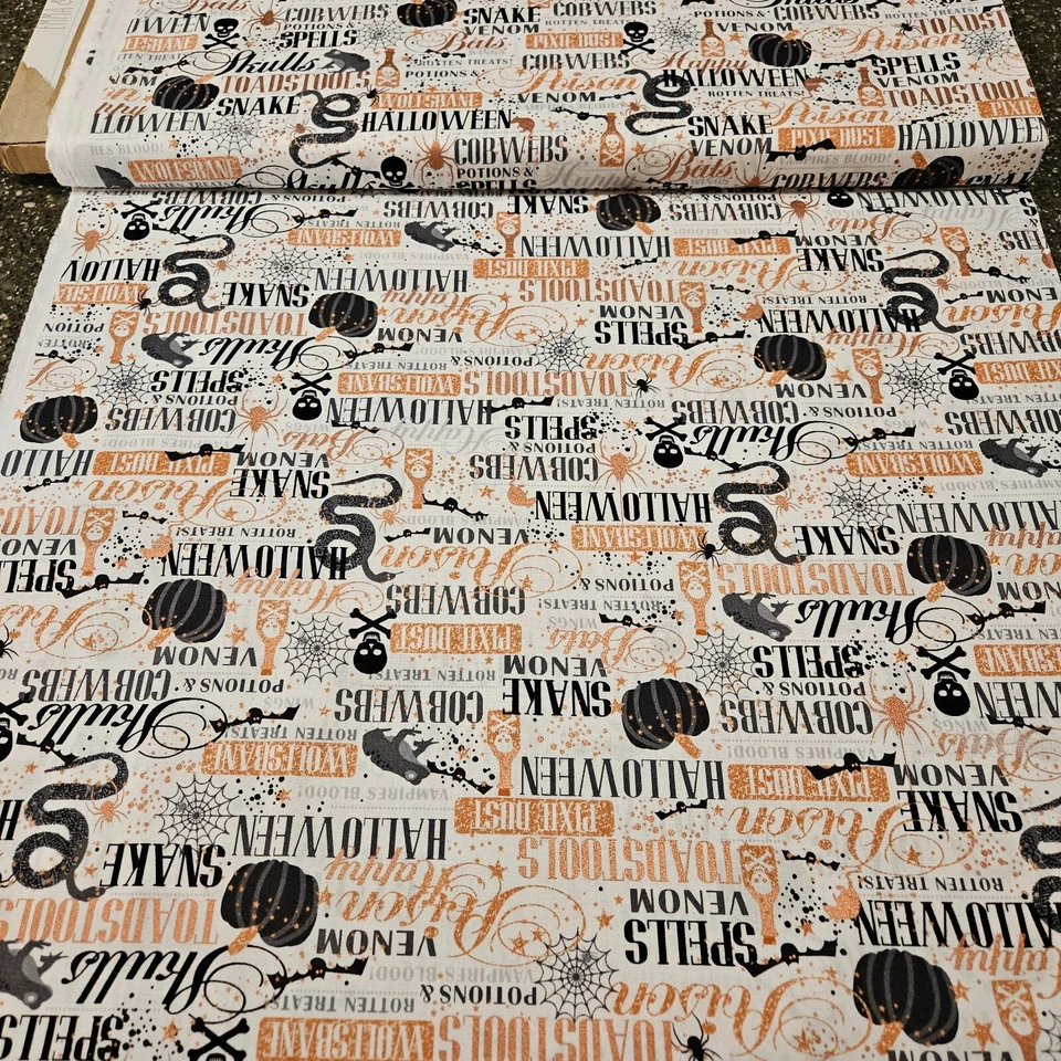 Pociones y hechizos para acolchar tesoros Halloween metal cobre palabra calabaza 1 yarda Foto 3 de 3