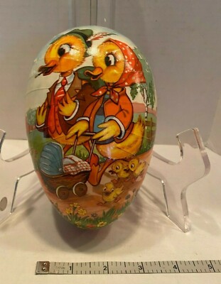 VINTAGE MADE IN WEST GERMANY 6'' PAPER MACHE EASTER EGG DUCK FAMILY WITH STROLLER