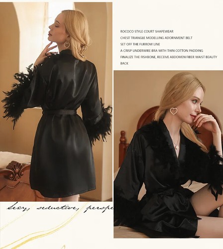 Sexy Feder Morgenmantel Damenkleid Viskose Nachtwäsche Hochzeit Brautjungfer kurzer Kimono - Bild 19 von 33