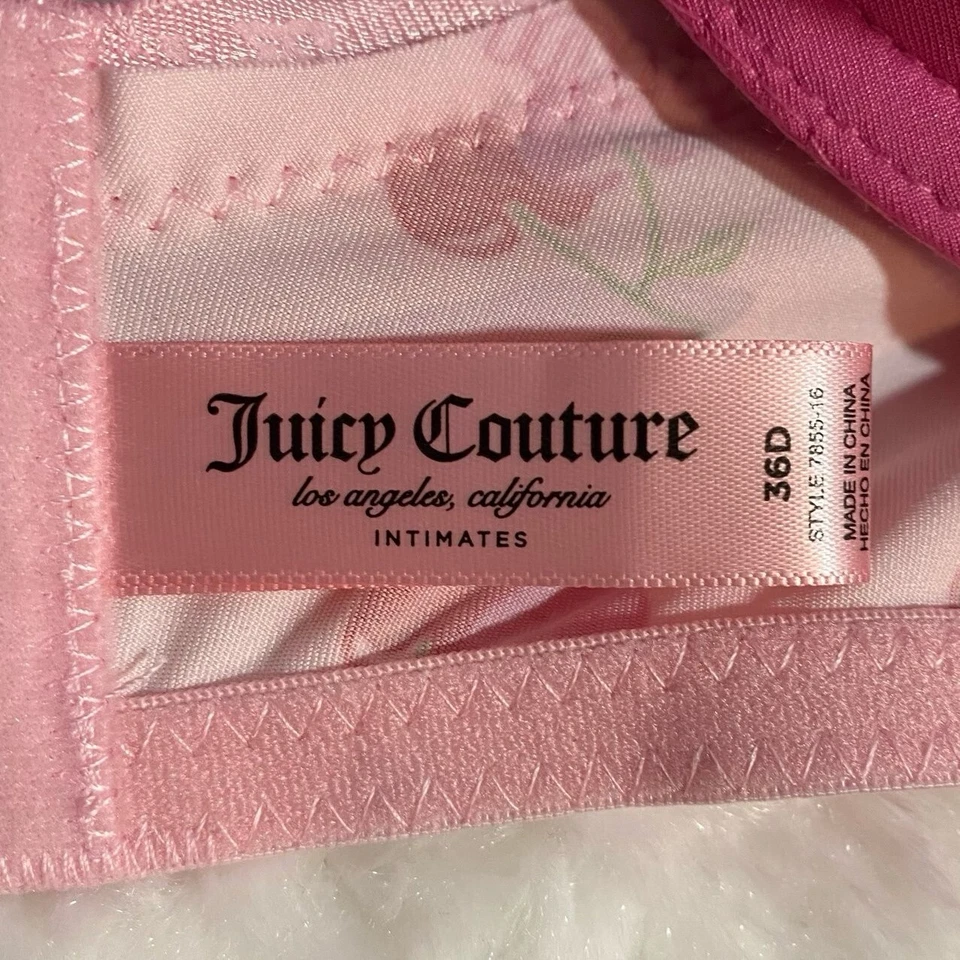 Juicy Couture Sexy Estampado Cereza, Rosa, Negro Conjunto de Sujetador Pushup de 3 Piezas Talla 36D Foto 3 de 4
