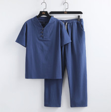 New Men Linen Set 2pcs Button Shirts Drawstring Pants Sets Summer Beach Outfits