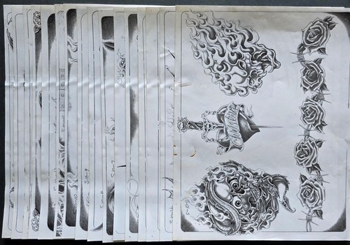 Vintage Shop Used Corey Miller Tattoo Flash Set, 16 Black and Gray Sheets