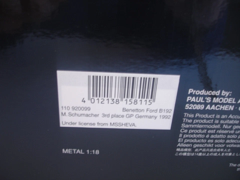 F1  Minichamps M.Schumacher Benetton Ford B192 3 Place Germany 300pcs  1/18 OVP - Bild 4 von 4