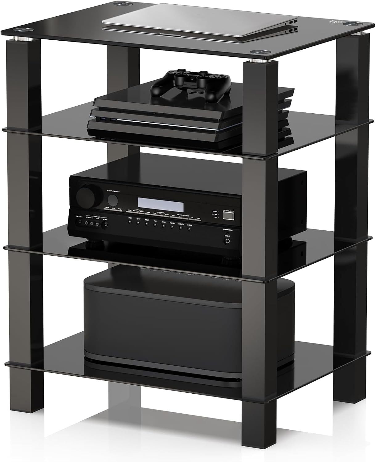 FITUEYES HiFi Rack AV Shelf 4-Tiers Glass TV 60x45.5x77 cm, Classic Black