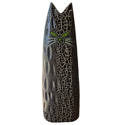 Pier 1 Imports 12'' Cat Figurine Black Crackle Paint Look Bight Green Eyed Kitty