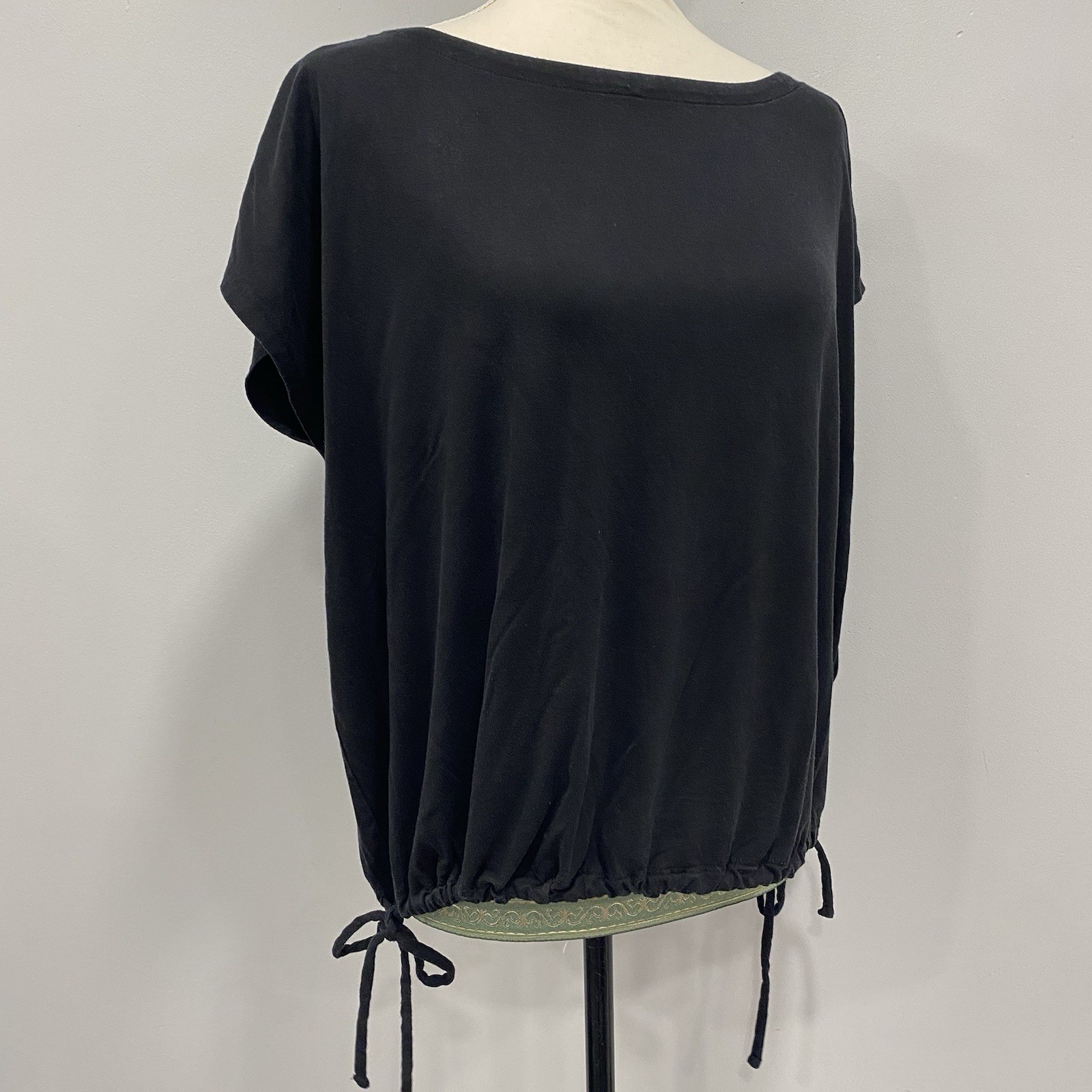 Eileen Fisher L Black Fine Jersey Knit Square Top Bateau Neck Drawstring Waist
