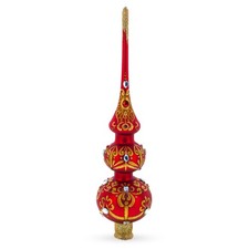 White Red Jewels Golden Trellis Red Blown Glass Tree Topper 12.5 Inches