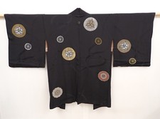 6526T05z520 Vintage Japanese Kimono Silk HAORI Flower Black