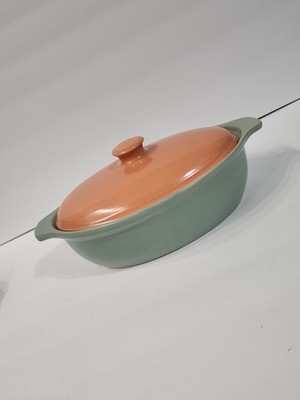 Vtg Cronin Bake Oven Stoneware Casserole Dish Green Peach Turquoise Coral *ds