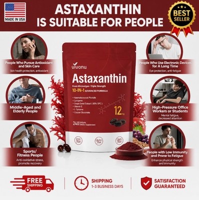 Astaxanthin 12mg 240 Softgels, 4 Month Supply,Triple Strength,Non-GMO,Eye Health
