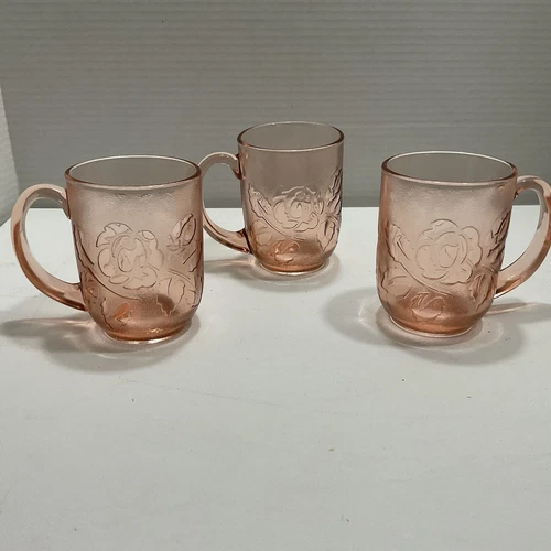 Set of 3 Vintage Arcoroc France Rosaline Pink Glass Rose Floral Coffee Cups 8oz