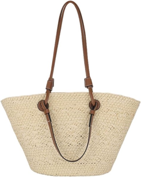 Stroh-Tragetasche, Strandtasche, Gestreifte Schulterhandtasche, Gewebte-image