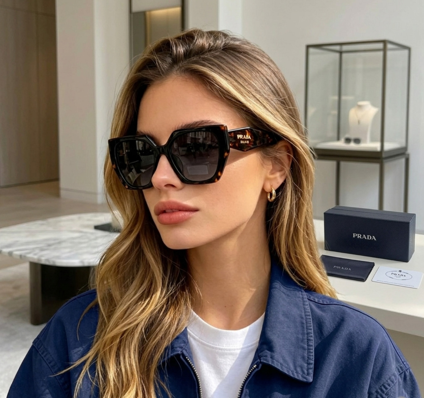 Prada PR 15WS Oversized Square Sunglasses Women Authentic  Black Tortoiseshell