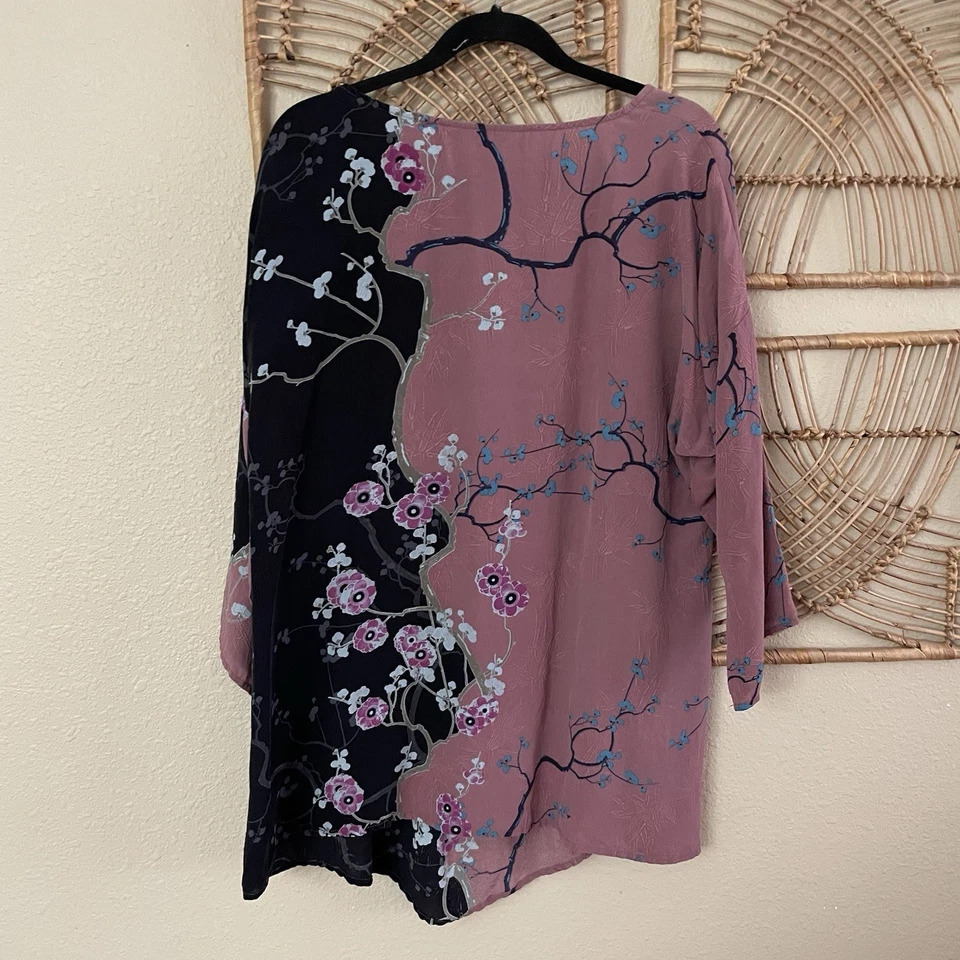 Blusa túnica top asiática de seda Citron Santa Monica floral artística Sakura talla L B12 Foto 2 de 4