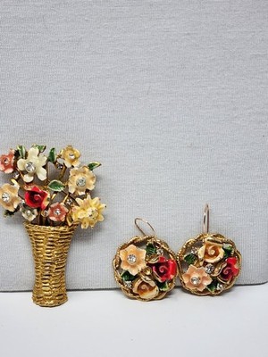 Vintage BSK My Fair Lady Signed Brooch Pin & Earrings Enamel Flowers Basket MCM