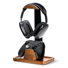 Headset Stand with Gaming Controller Holder, Walnut Wood Headphone Stand with...
