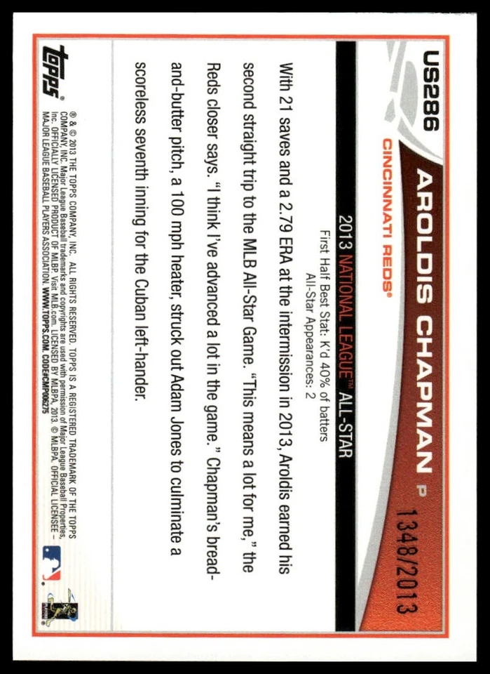2013 Topps Update #US286 Aroldis Chapman Gold #/2013 - Image 2 of 2