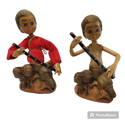 Tilso Pixie Elves Musicians Vintage Figurines MCM 60s Golden Fantasy 7'' Set of 2