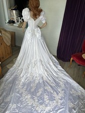 VTG 1990s White satin Wedding gown Dress cath. train lace embroidery SZ8