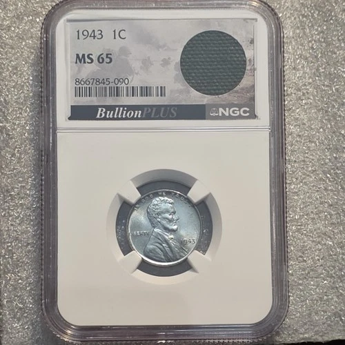 1943 Steel Lincoln Wheat Cent MS65 NGC WWII Bazooka Rocket Fragment Label