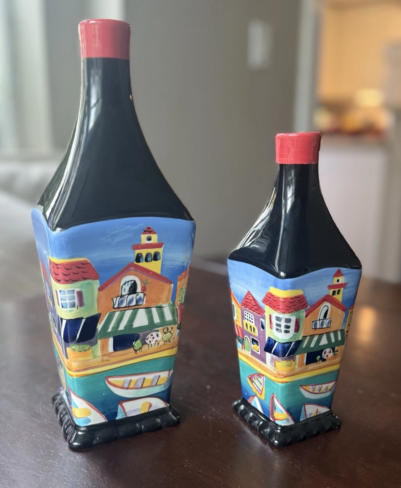Set of 2 Oil Bottles 10 1/4" & 8" Tall Hand Painted, 2003 & 2004 Naylor Designs