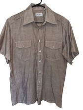 Vtg 70s Hawaiian Aloha Camp Shirt Unique Contrast Stitch Tiki Taupe Brown M L