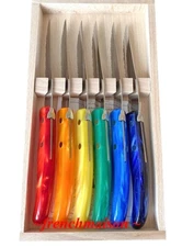 CLAUDE DOZORME Laguiole French Rainbow Multicolor 6 STEAK KNIFE Set Gift Box