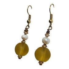 Brown Earrings Frosted Sea Glass Dangle Drop 1.75" Pearl