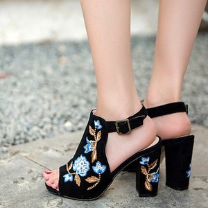 embroidered chunky heels
