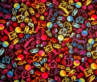 Cat Fabric By Yard Rainbow Tie-Dye Kitty Cats Yarn Fish on Black Premium Cotton
