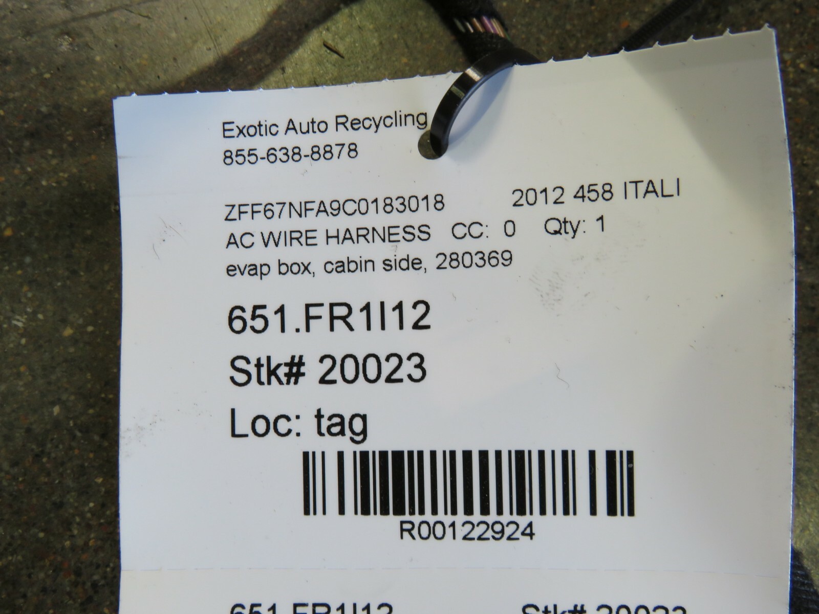 Ferrari 458 Italia, AC Evaporator Box Wiring Harness, Used, P/N 280369