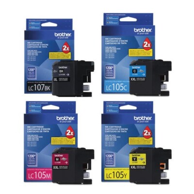 4PK GENUINE Brother LC107BK Black and LC105C, LC105M, LC105Y Color Ink (CYMK)