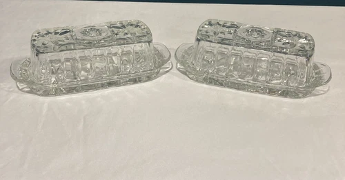 2 Vintage Anchor Hocking Cut Glass Covered Butter Dishes Clear Star Pattern