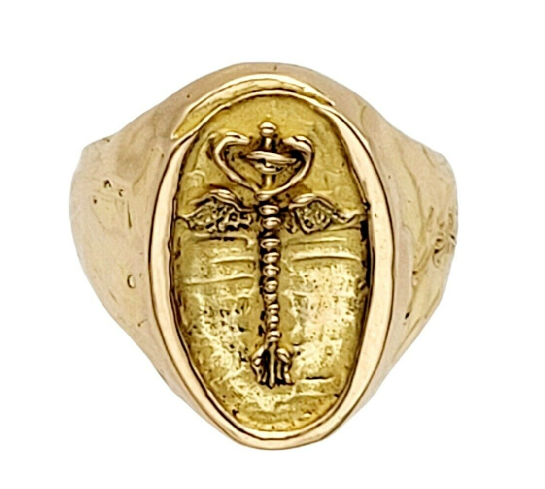 Ring 18 K Yellow Gold Caduceus Medical Symbol Engraved Oval Signet