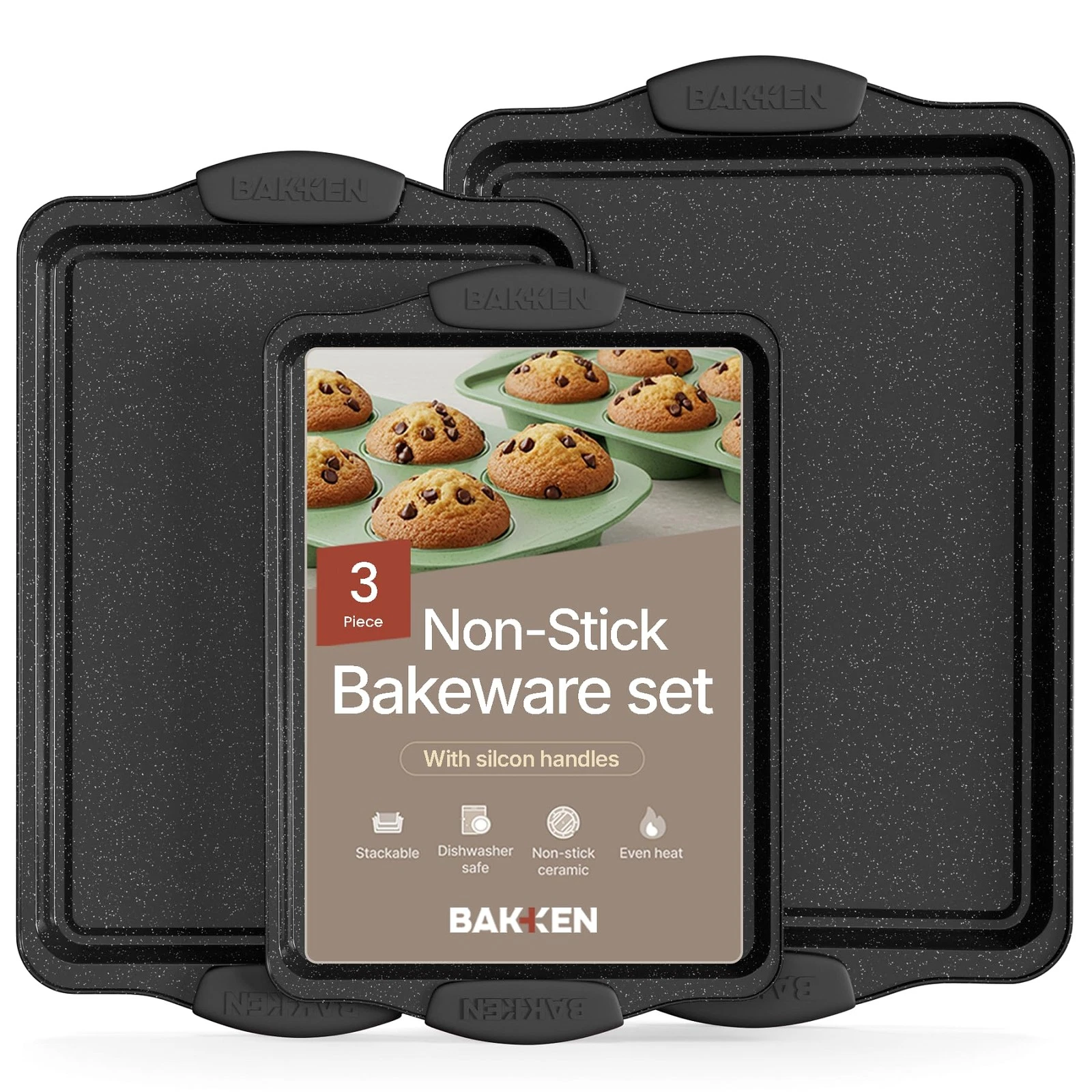 BAKKEN Cookie Sheets for Baking Nonstick Set - 3 Piece Set, Gray Marble