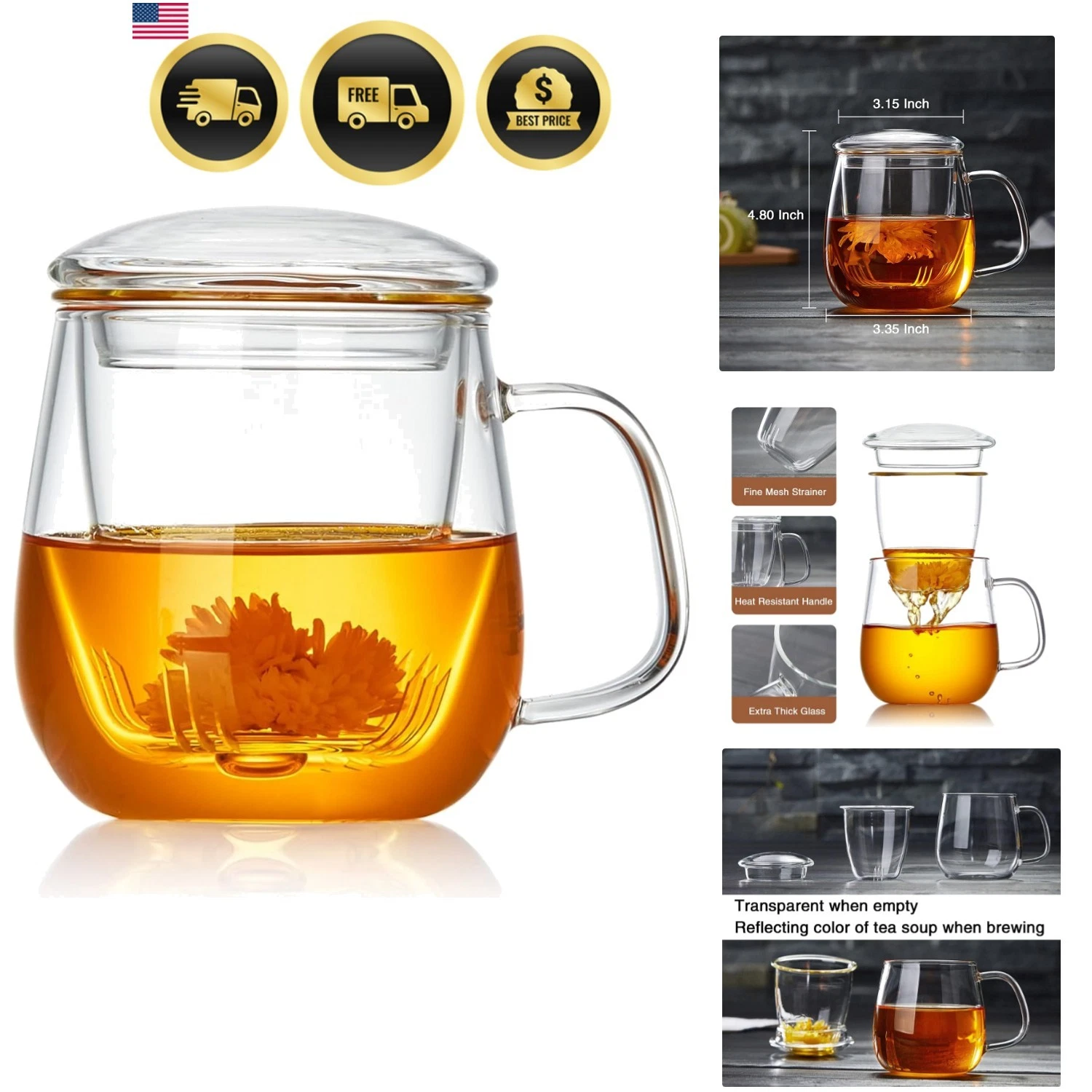 Glass Tea Cup with Infuser and Lid, 17.6oz/520ml Large Borosilicate Teacup,Te...