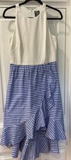 Vince Camuto Ruffle Midi White and Blue Striped Women's Dress 8 M Med Medium