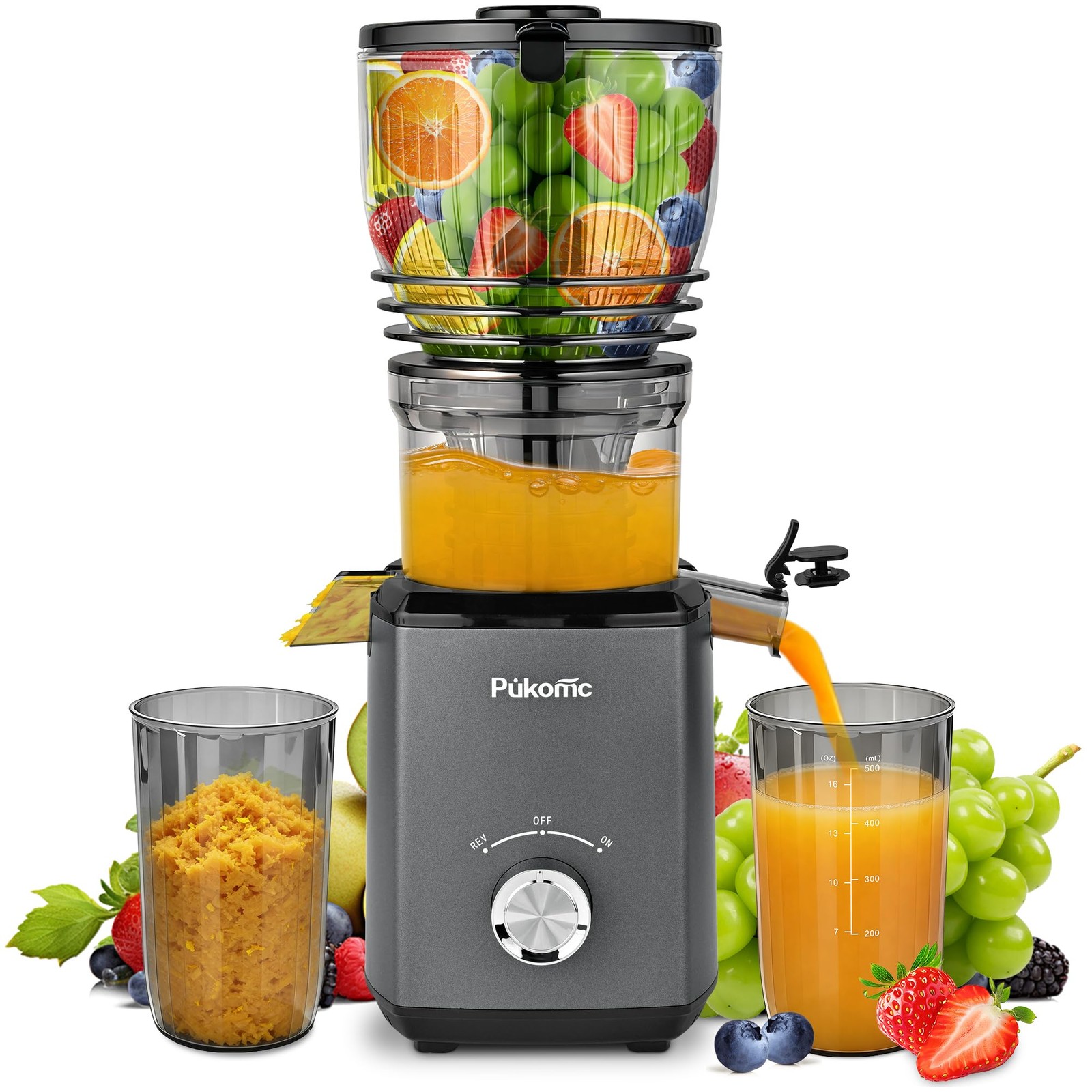 Pukomc Cold Press Juicer, 5.8-inch wide feed chute for whole fruits and vegetabl