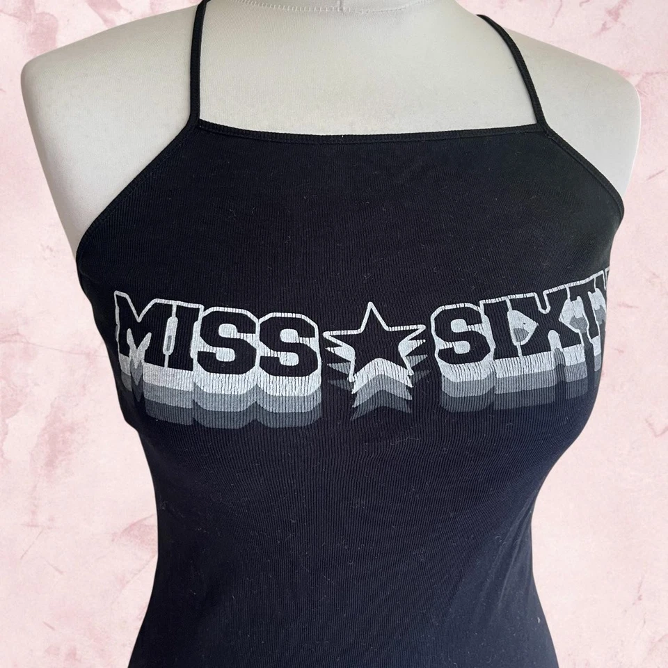 Vintage Miss Sixty Size M Black Cami Top With Graphic Logo Y2K 00s Stretchy - Image 4 of 4