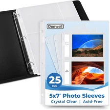 5X7 Photo Sleeves for 3-Ring Binder, (25 Pack) for 100 Pictures, Each Sheet Hold
