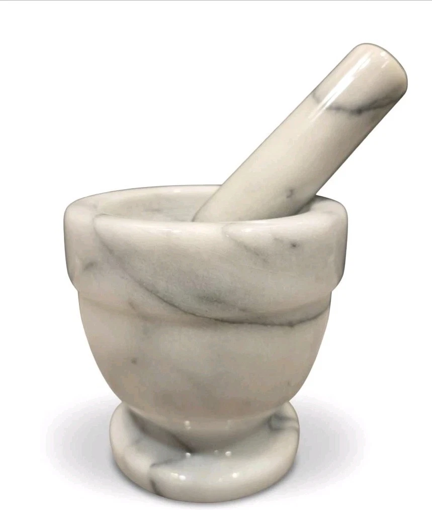 Mortar White Gray Marble Stone & Pestle for Cooking/Apothecary Grinding Tool EUC
