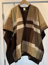 Woolrich Tartan Plaid Reversible Microfleece Blanket Cape Shawl Poncho Brown OS
