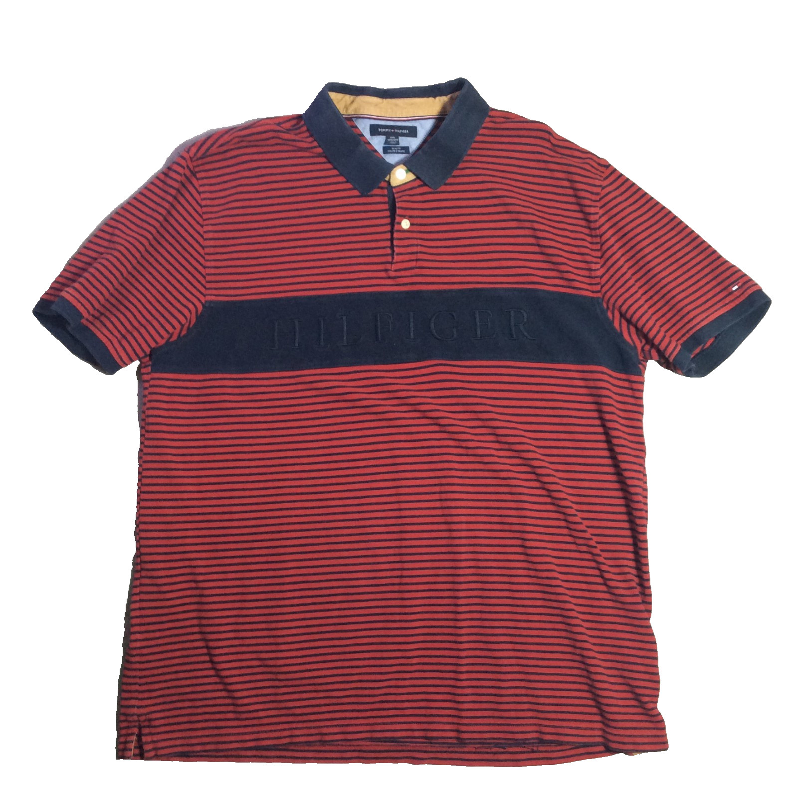 Tommy Hilfiger Polo Shirt Men's 3XL Red Blue Striped Short Sleeve Slim Fit Mesh
