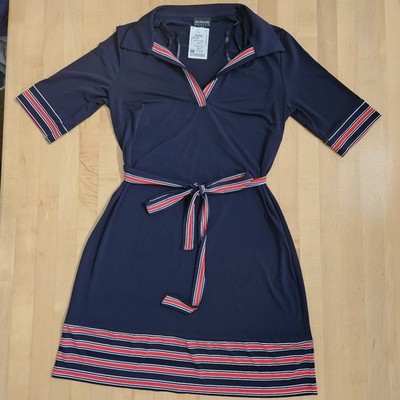Enfocus Studio Dress Womens 10 Petite Navy Blue Red White Stripe Jersey Belt 