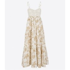American Eagle Maxi Dress Large Crochet Tiered Floral Boho Ivory Tan EuroSummer