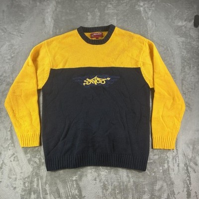 Vintage JNCO Jeans Sweater Mens Large Yellow Navy Graphic Logo Knit Pullover