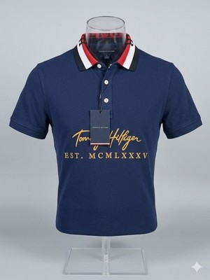 Tommy Hilfiger Men's Polo Shirt Size L Navy Blue Gold Logo Spellout Collar NWT